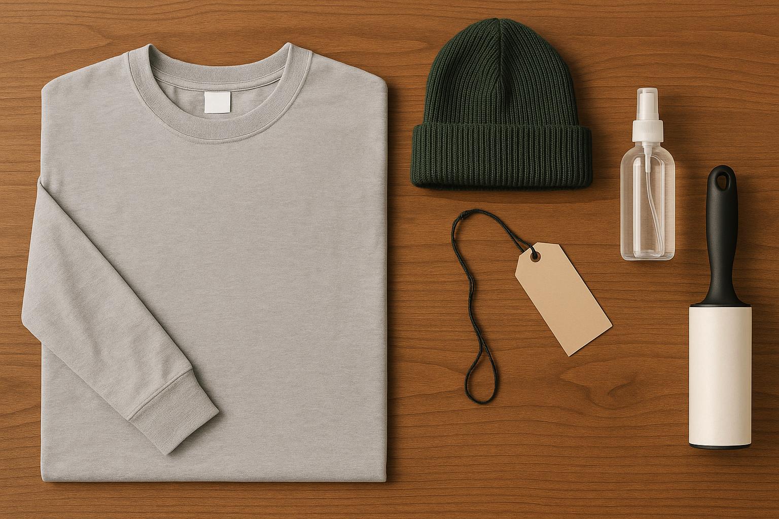 Folded long sleeve tees in various colors displayed on a clean surface for branding and care tips