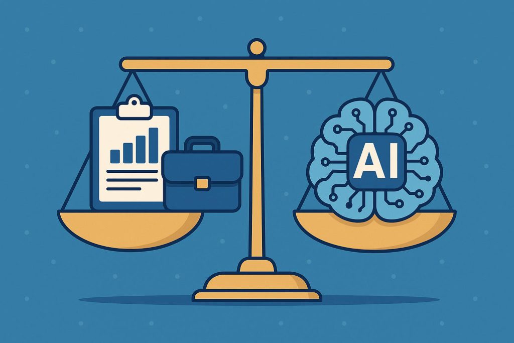 Business professional collaborating with AI technology, bridging business and artificial intelligence