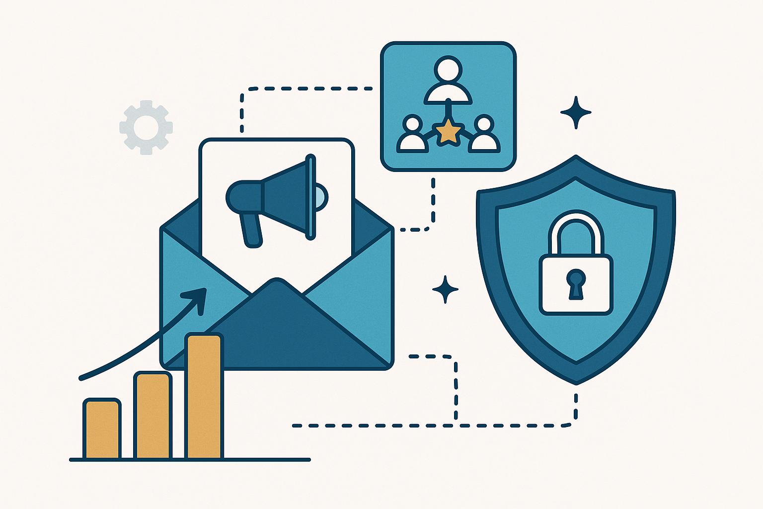 Referral program growth strategy with security safeguards illustrated by interconnected network icons