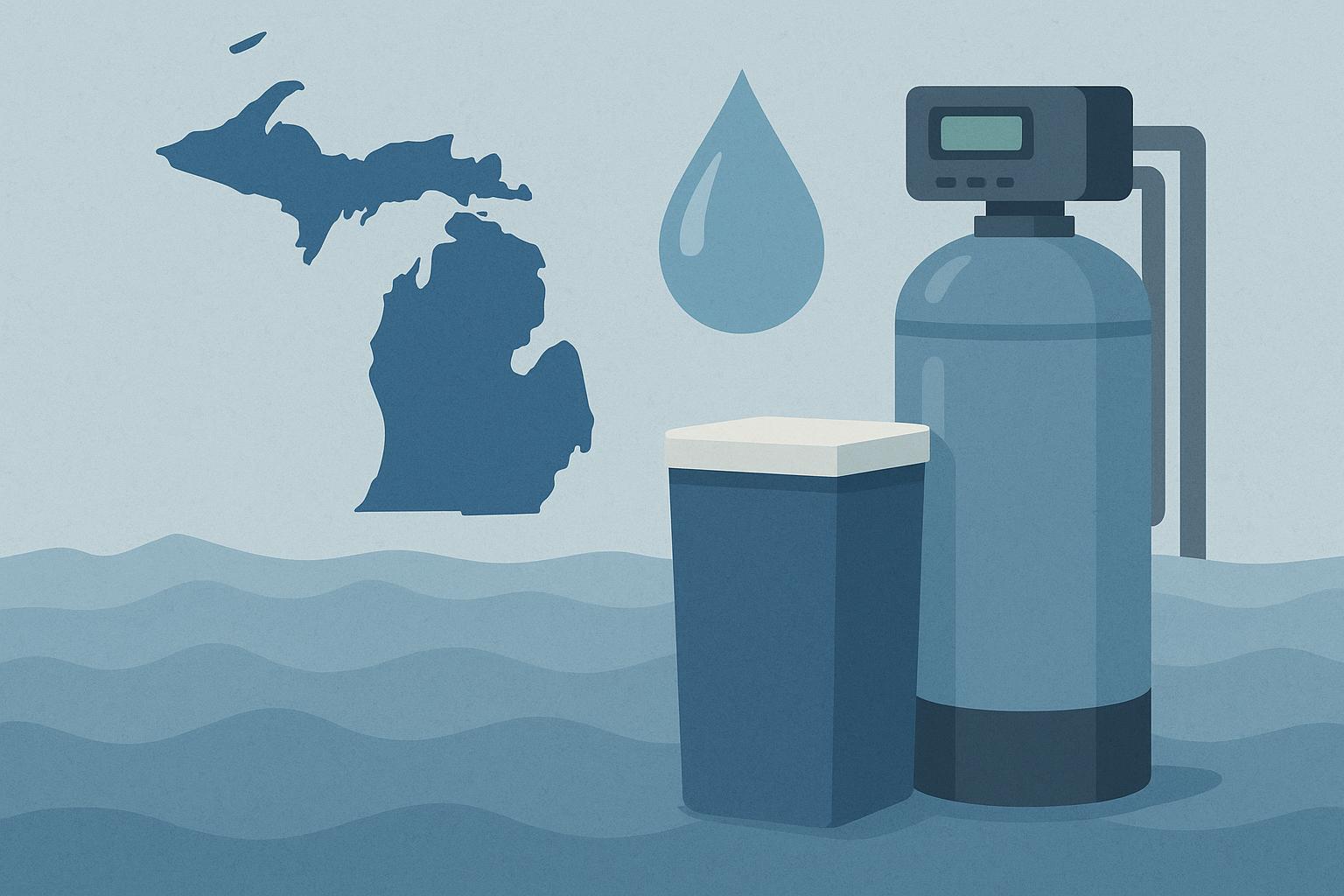 Water softener systems and company logos representing leading Michigan water softener providers