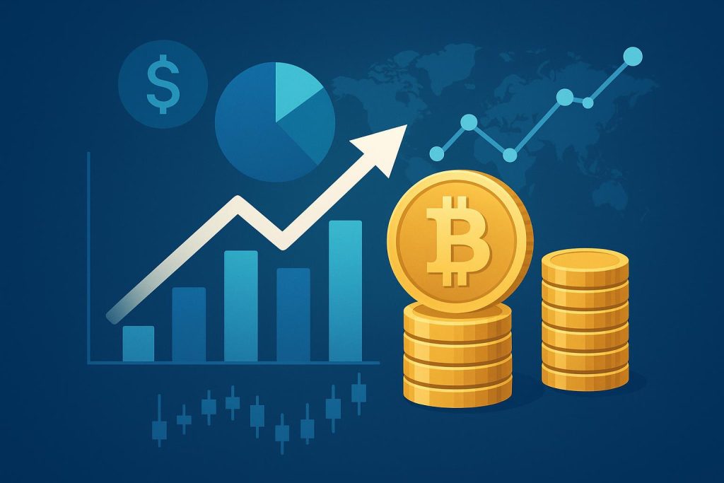 Cryptocurrency market growth with digital coins and business trend graphs in the background