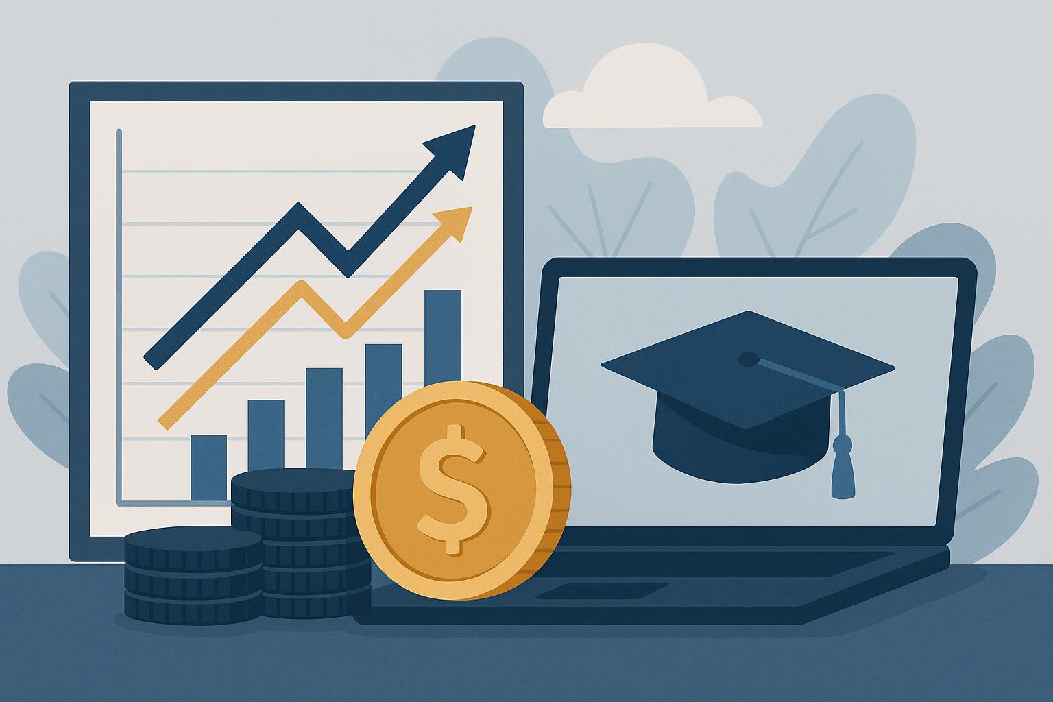 Laptop, graduation cap, and financial graphs representing ROI of advanced business degrees remotely
