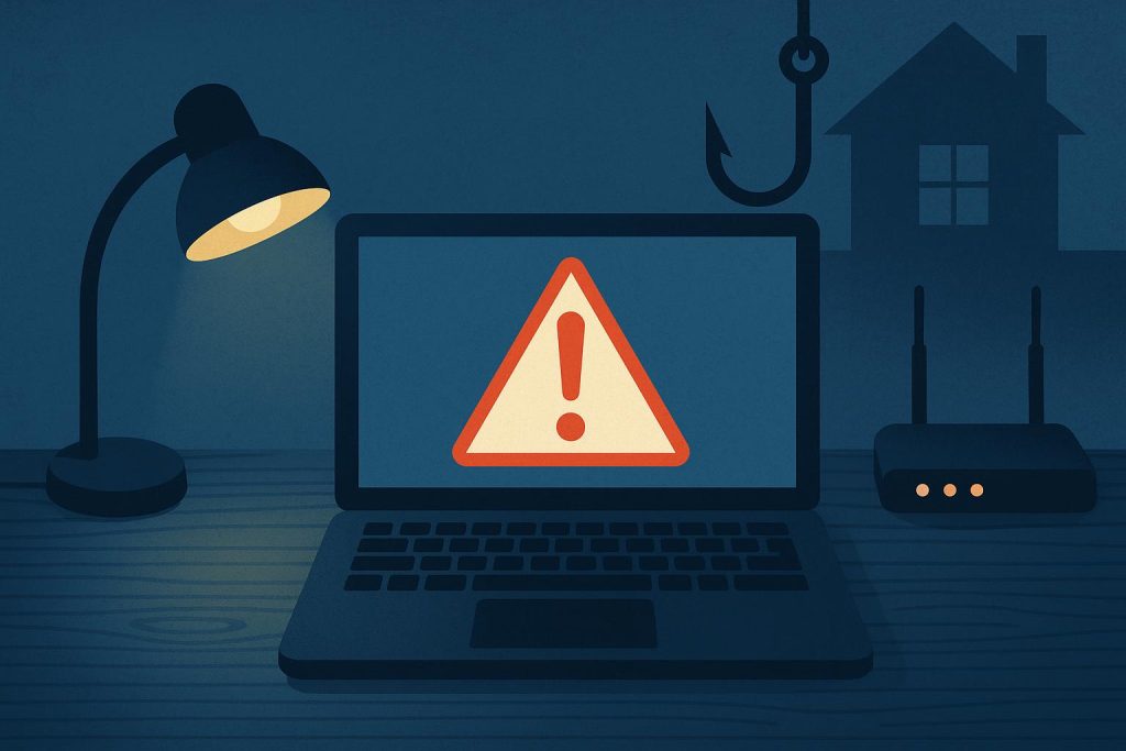 A laptop on a home desk symbolizing the rise of online scams originating in home environments