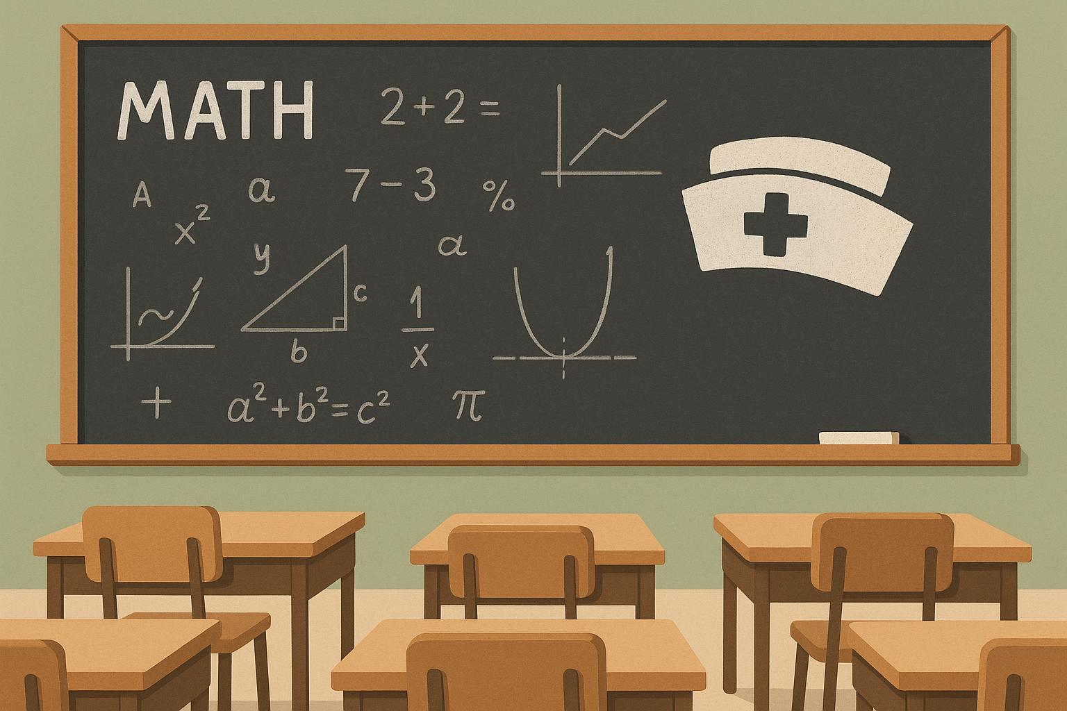Math equations and textbooks on a classroom desk representing academic pathways in nursing education