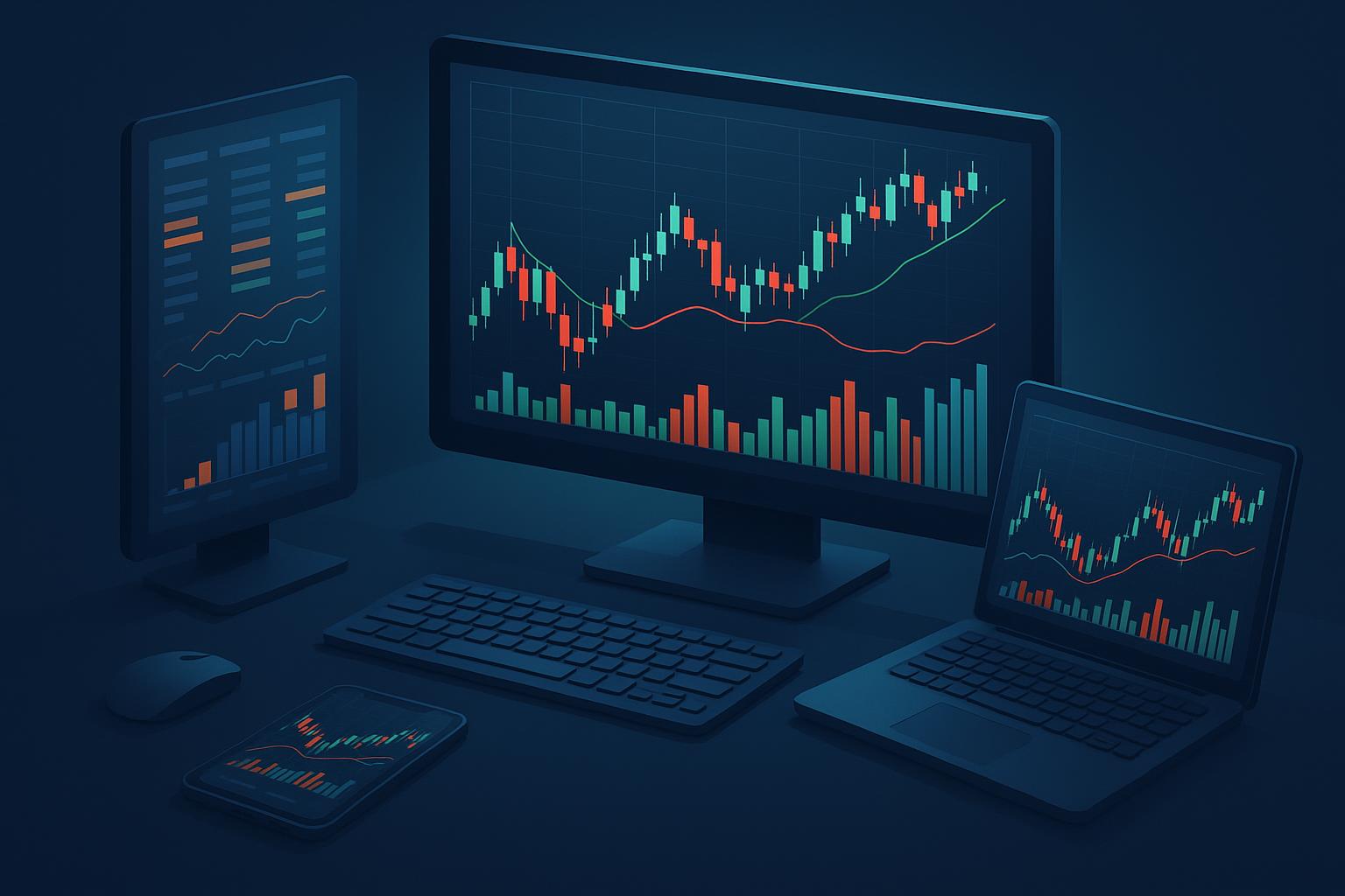 Digital trading interface with stock charts and AI tools, illustrating modern day trading technology
