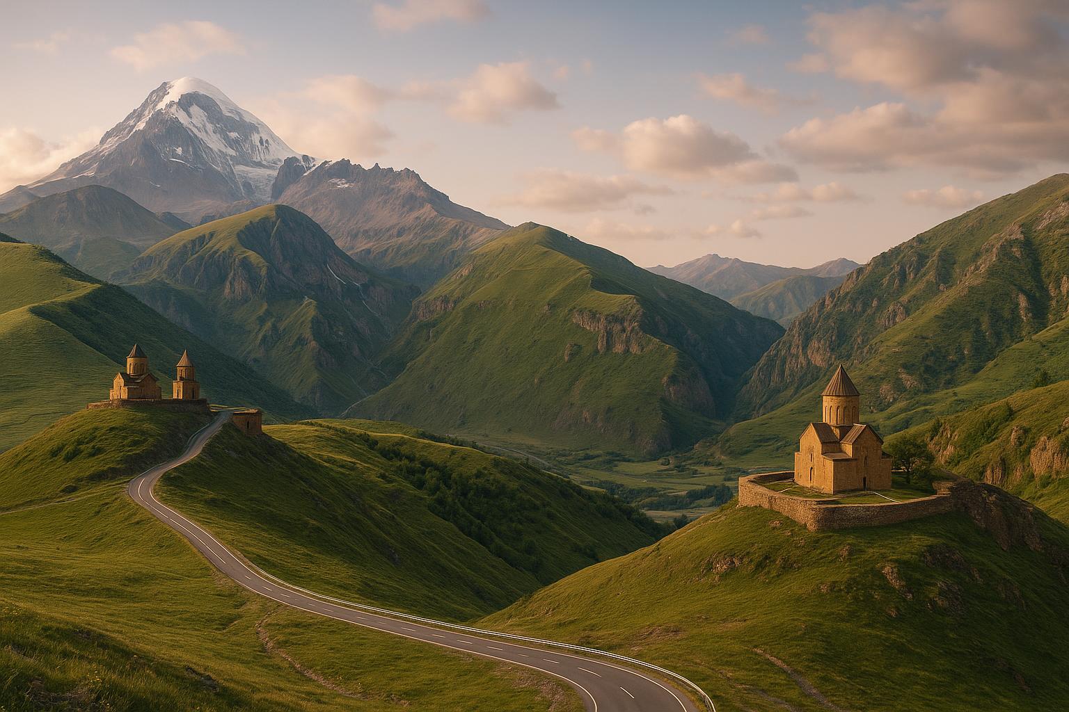 Mountainous landscape of Georgia and Armenia with scenic routes connecting popular travel destinations