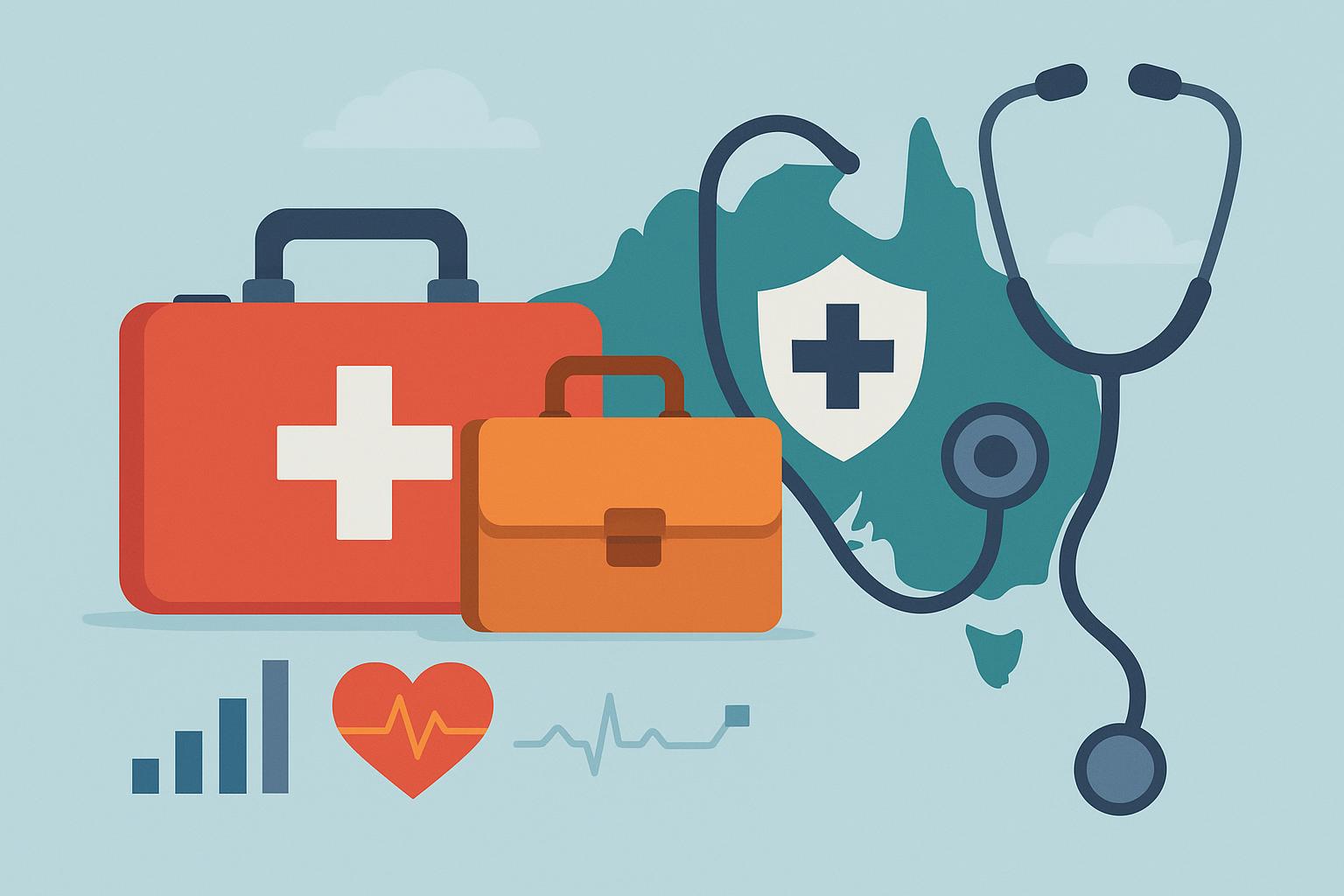 Australian corporate healthcare system concept with medical icons and business buildings