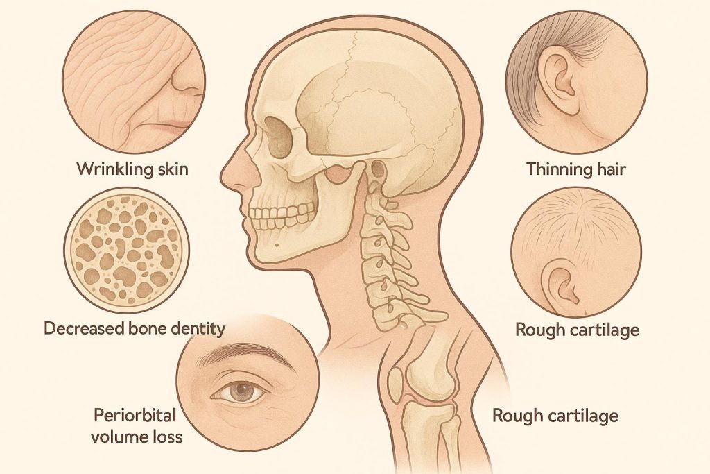 Diagram illustrating six key structural aging markers improved by targeted collagen restoration