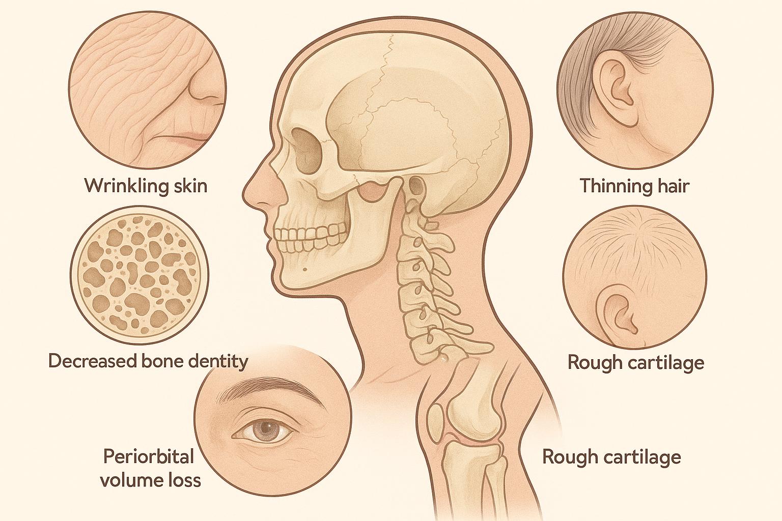 Diagram illustrating six key structural aging markers improved by targeted collagen restoration