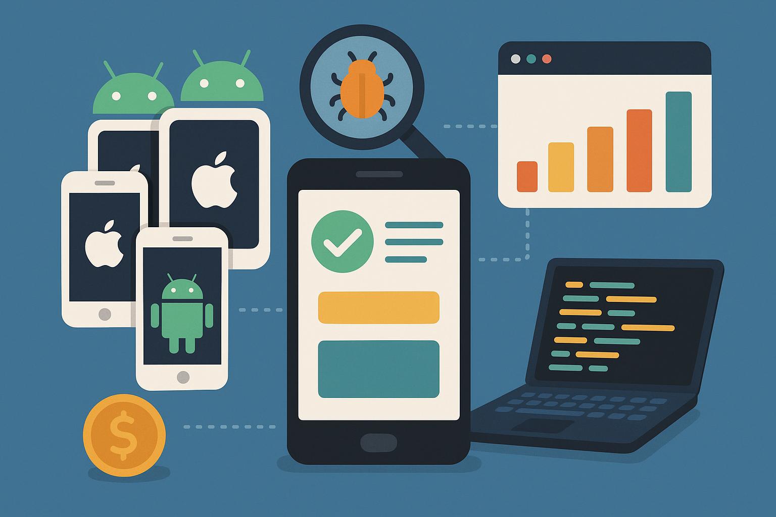 Mobile devices, testing tools, and code snippets representing affordable mobile testing solutions