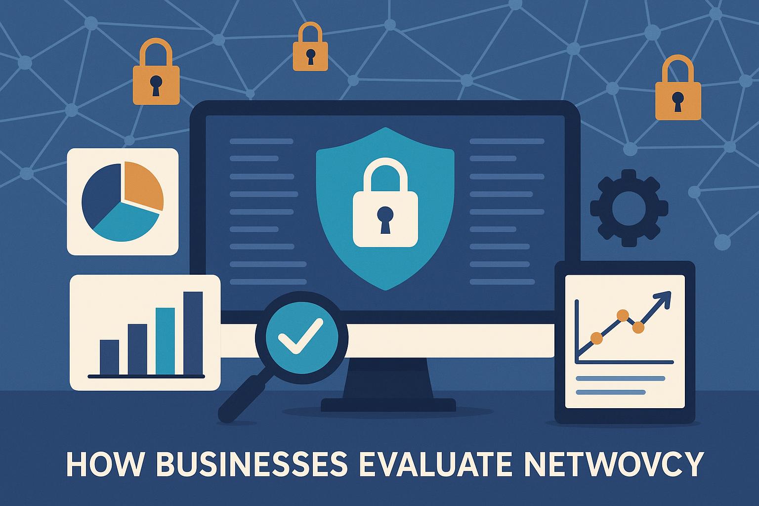 Data security icons and shield representing network privacy evaluation for businesses