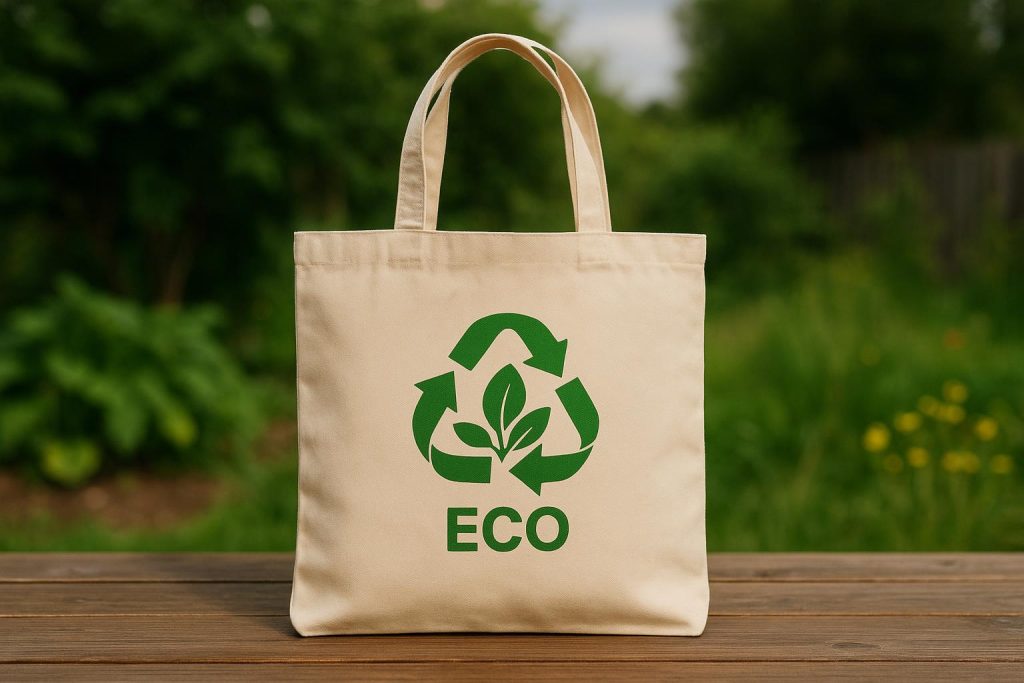 Eco-friendly tote bags with custom business logos promoting sustainable branding in the UK