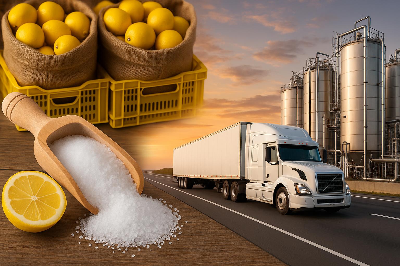 Citric acid distribution process showing packaged citric acid and efficient shipping logistics