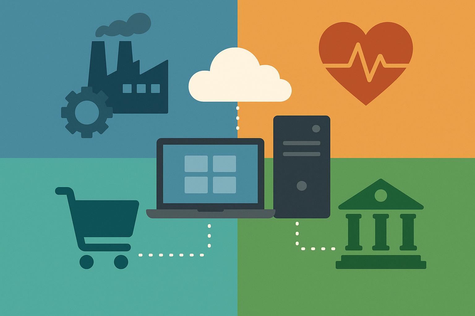 Tech devices and industry symbols highlighting differences in IT services across various sectors