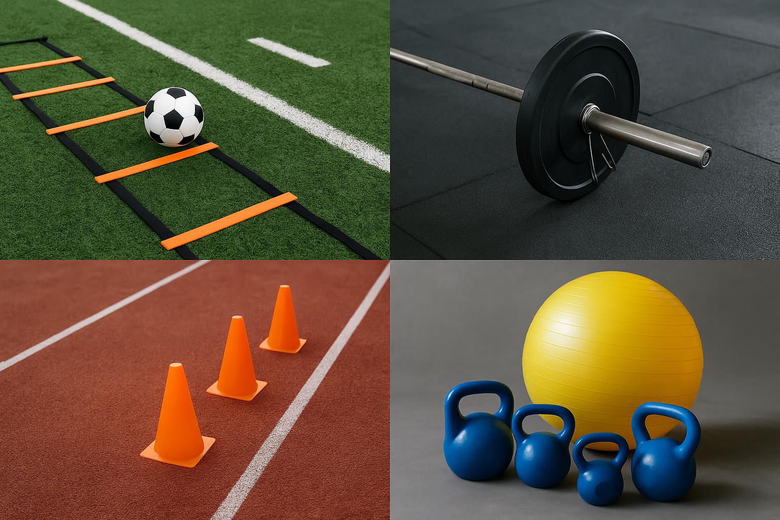 Footballers performing agility drills with cones and ladders to improve athletic performance