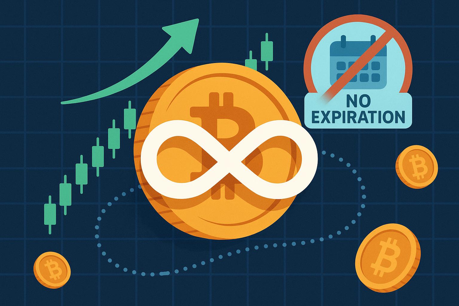 Perpetual swap crypto trading interface with charts illustrating no expiration contract features
