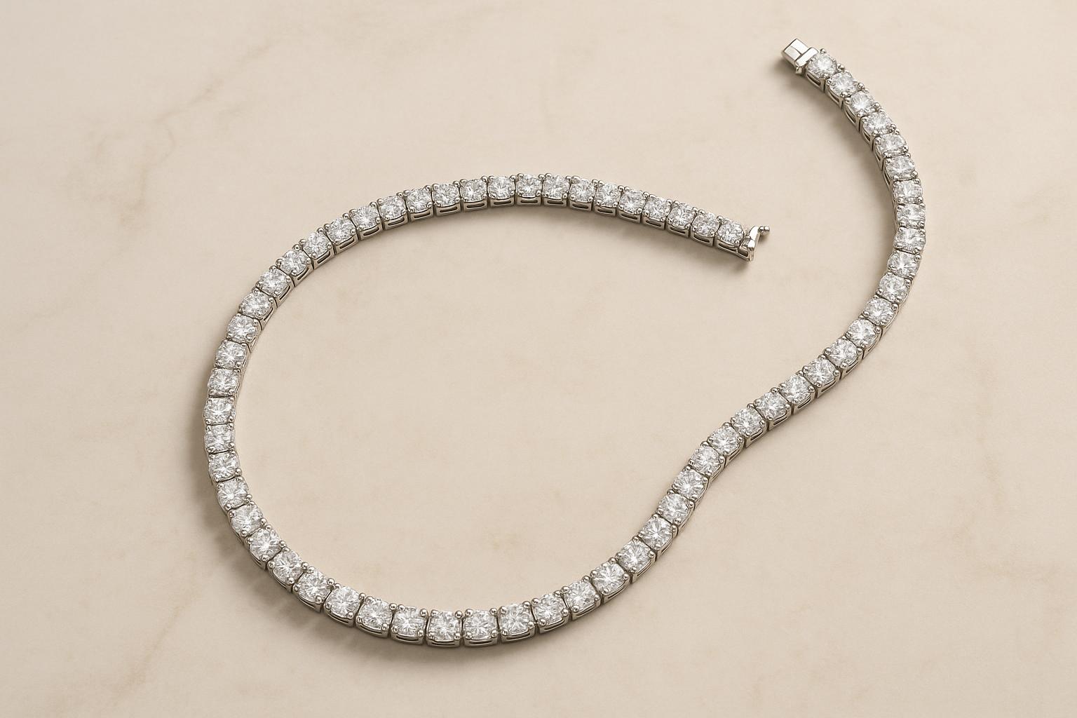 Close-up of a diamond tennis necklace showcasing round brilliant stones and classic clasp design