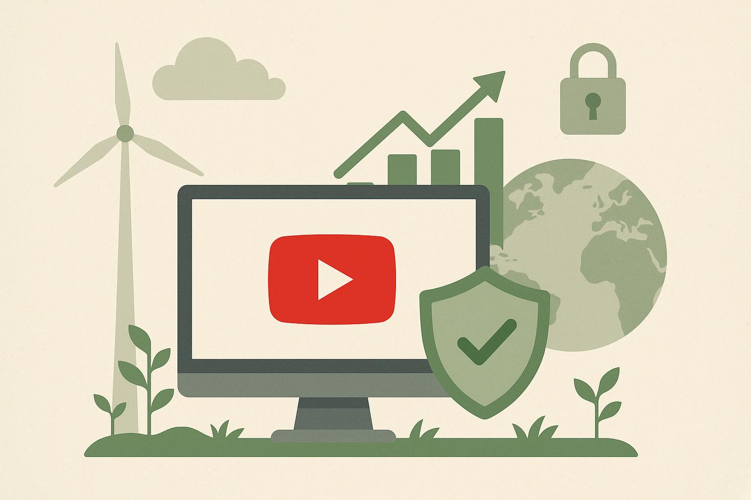YouTube channel growth with security and sustainability icons in a dynamic digital environment