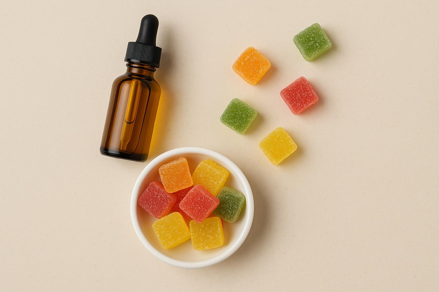 Assorted CBD gummies in various shapes and colors displayed on a white surface