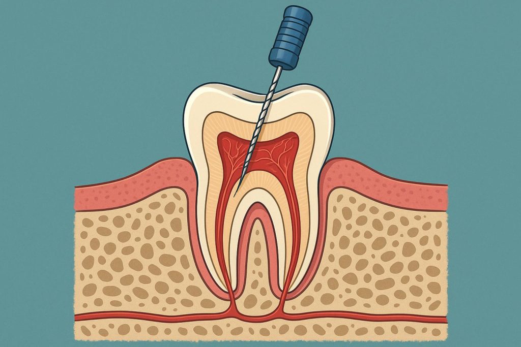 Dental tools and X-ray showing root canal procedure for patient education and treatment awareness