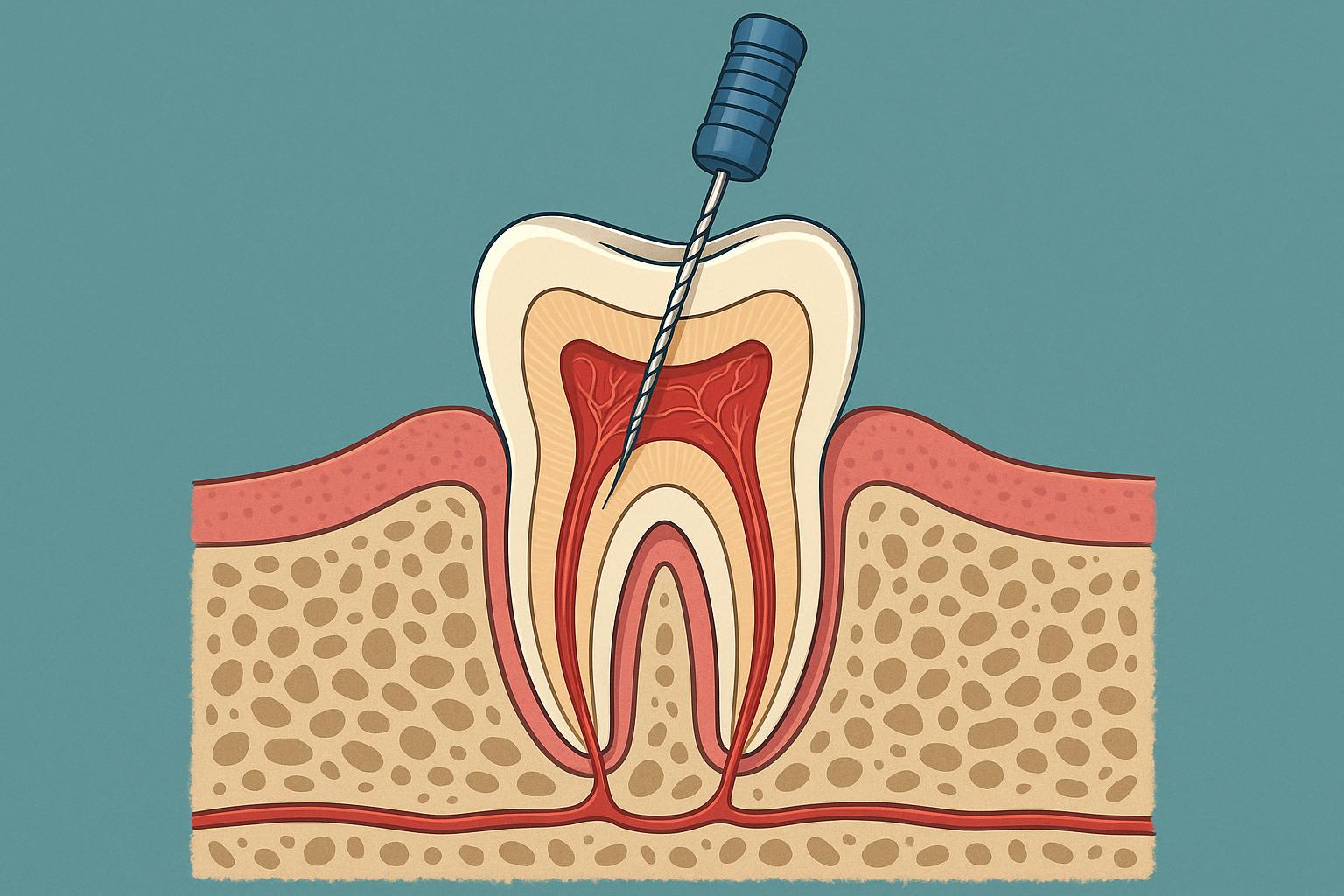 Dental tools and X-ray showing root canal procedure for patient education and treatment awareness