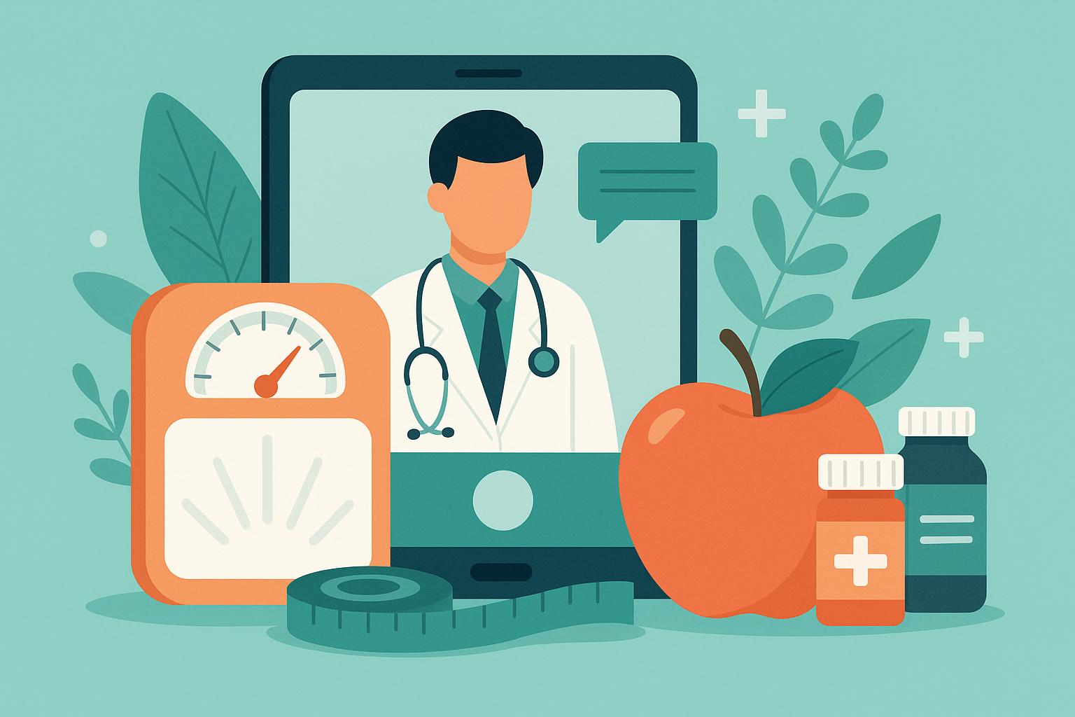 Telemedicine app on smartphone displaying weight management and wellness tracking features