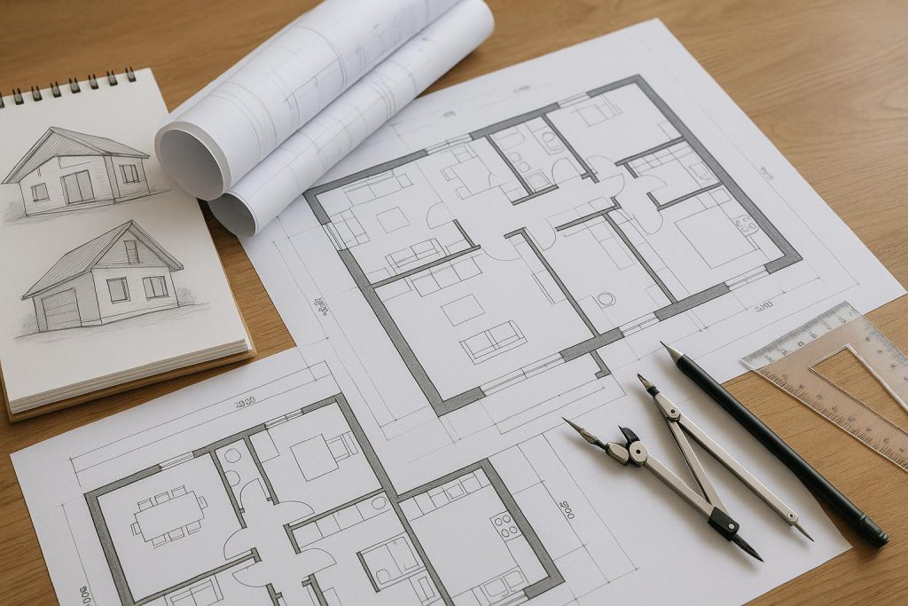 Architectural blueprint and house model representing planning drawings for Essex property projects