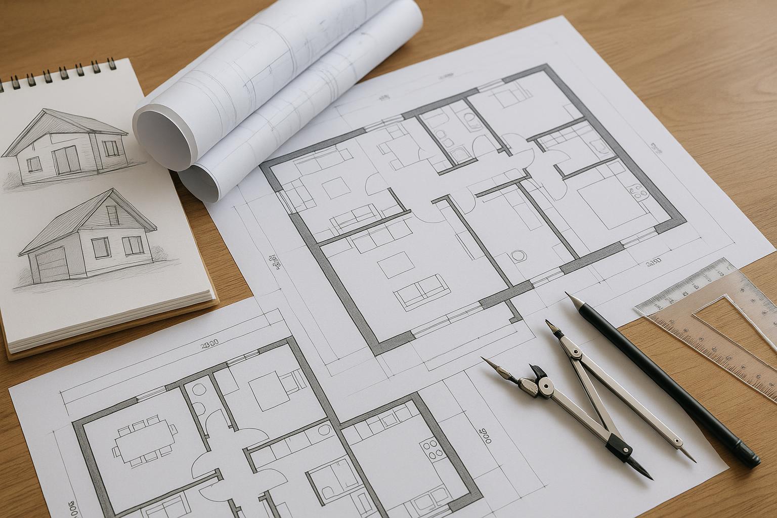 Architectural blueprint and house model representing planning drawings for Essex property projects