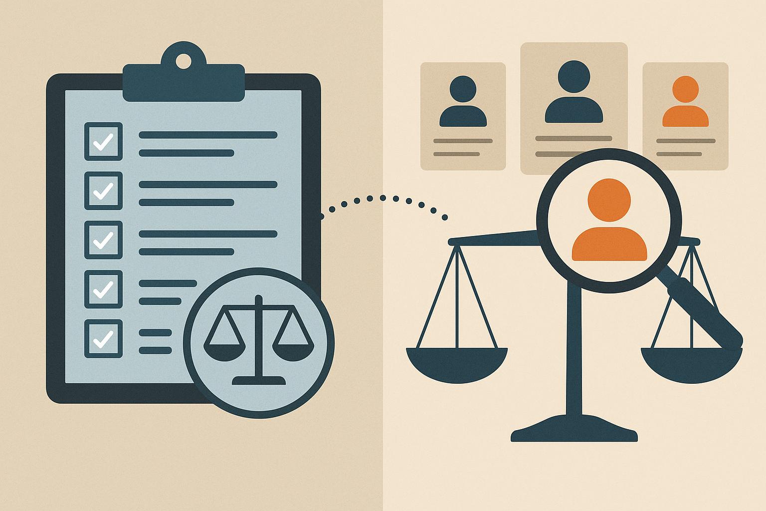 Bias audit concept illustrated with balanced scales and job resumes, highlighting hiring fairness
