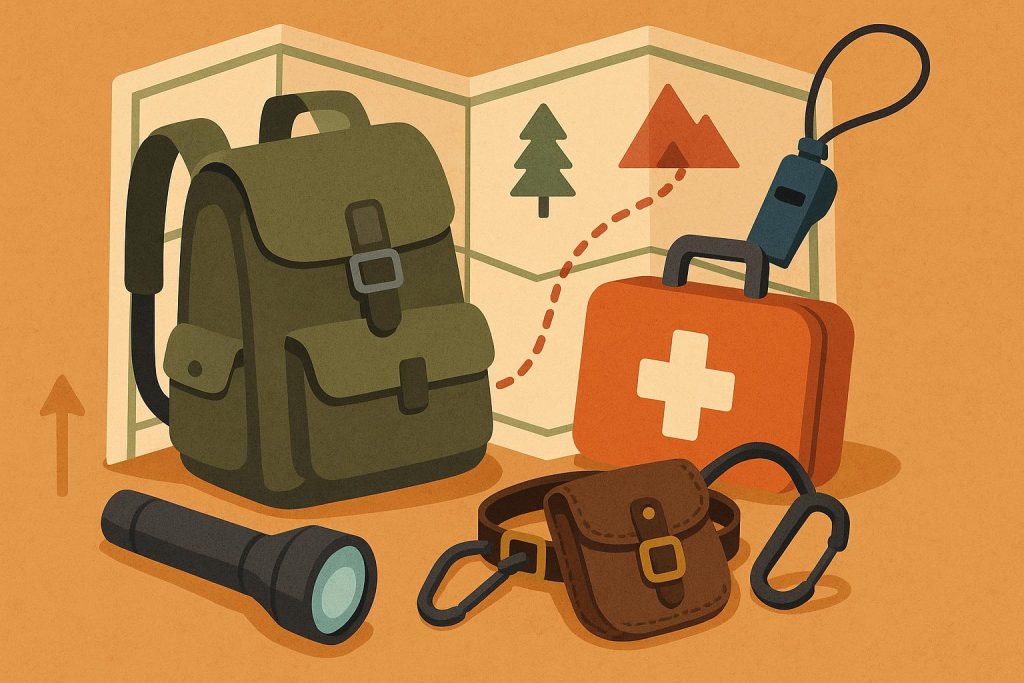 Travel essentials and safety gear packed in a backpack for outdoor adventure preparation