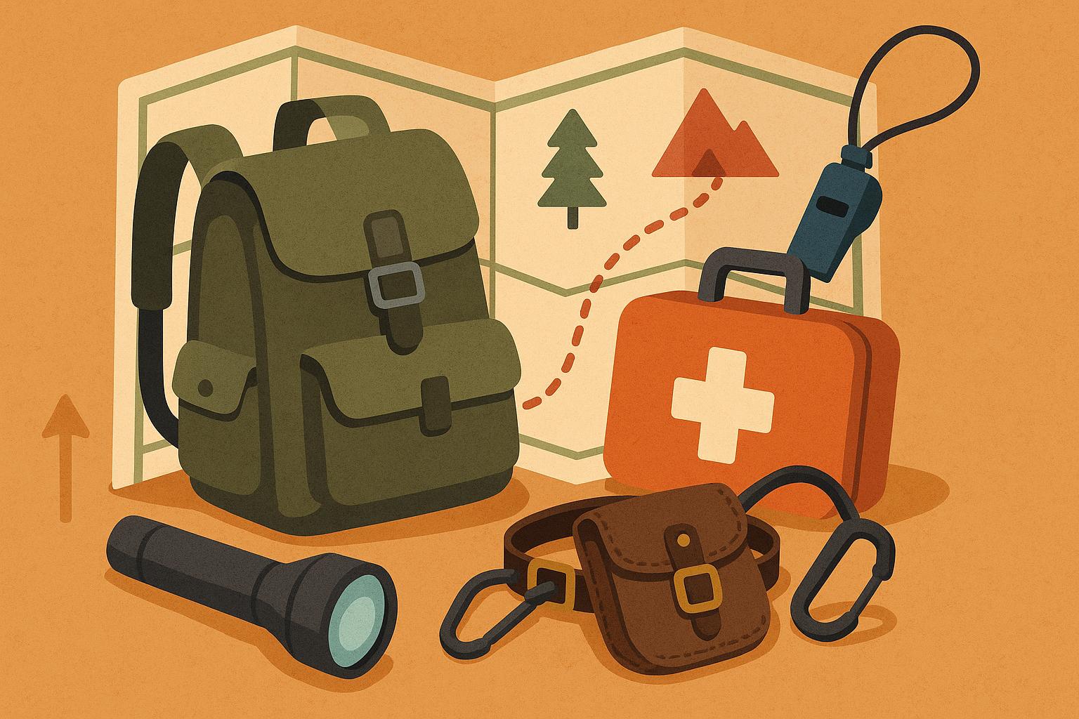 Travel essentials and safety gear packed in a backpack for outdoor adventure preparation