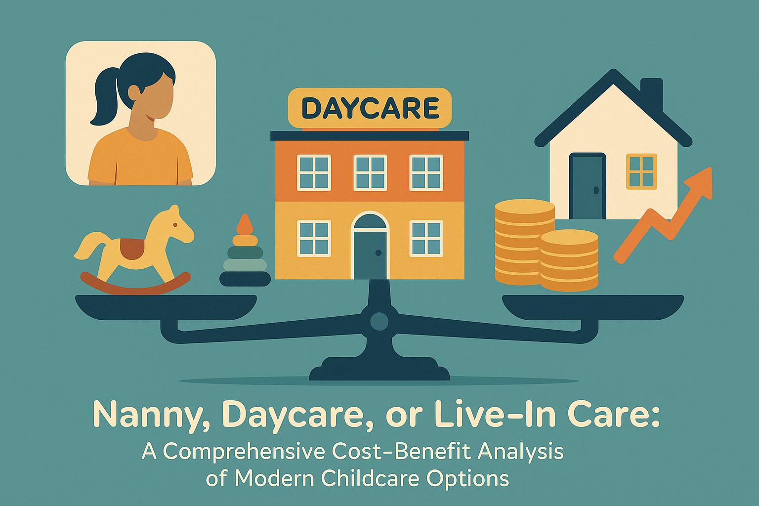 Comparison of nanny, daycare, and live-in childcare options with cost and benefit symbols
