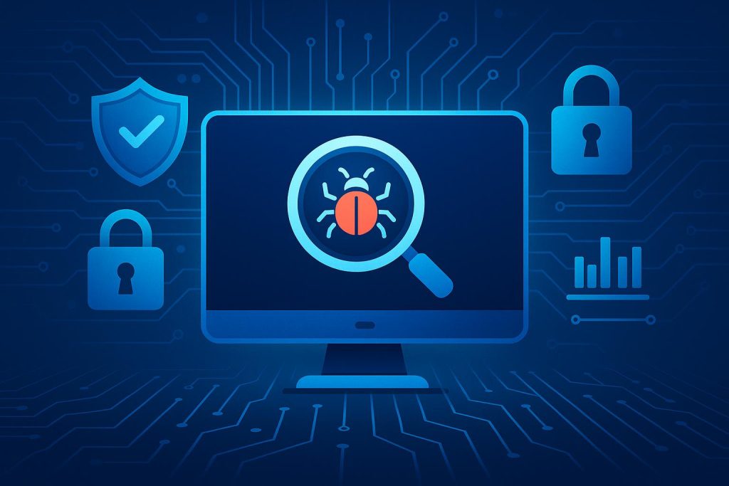Cybersecurity dashboard displaying vulnerability scan results and network security statistics