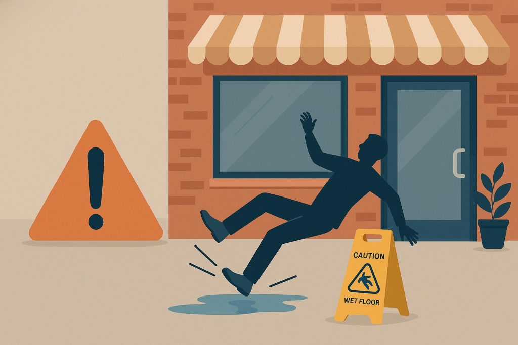 Small business owner reviewing accident report paperwork in a retail store setting