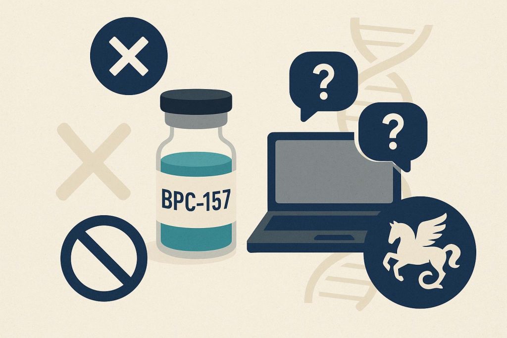 Illustration of BPC-157 supplement bottle with myth and fact icons for online misinformation article