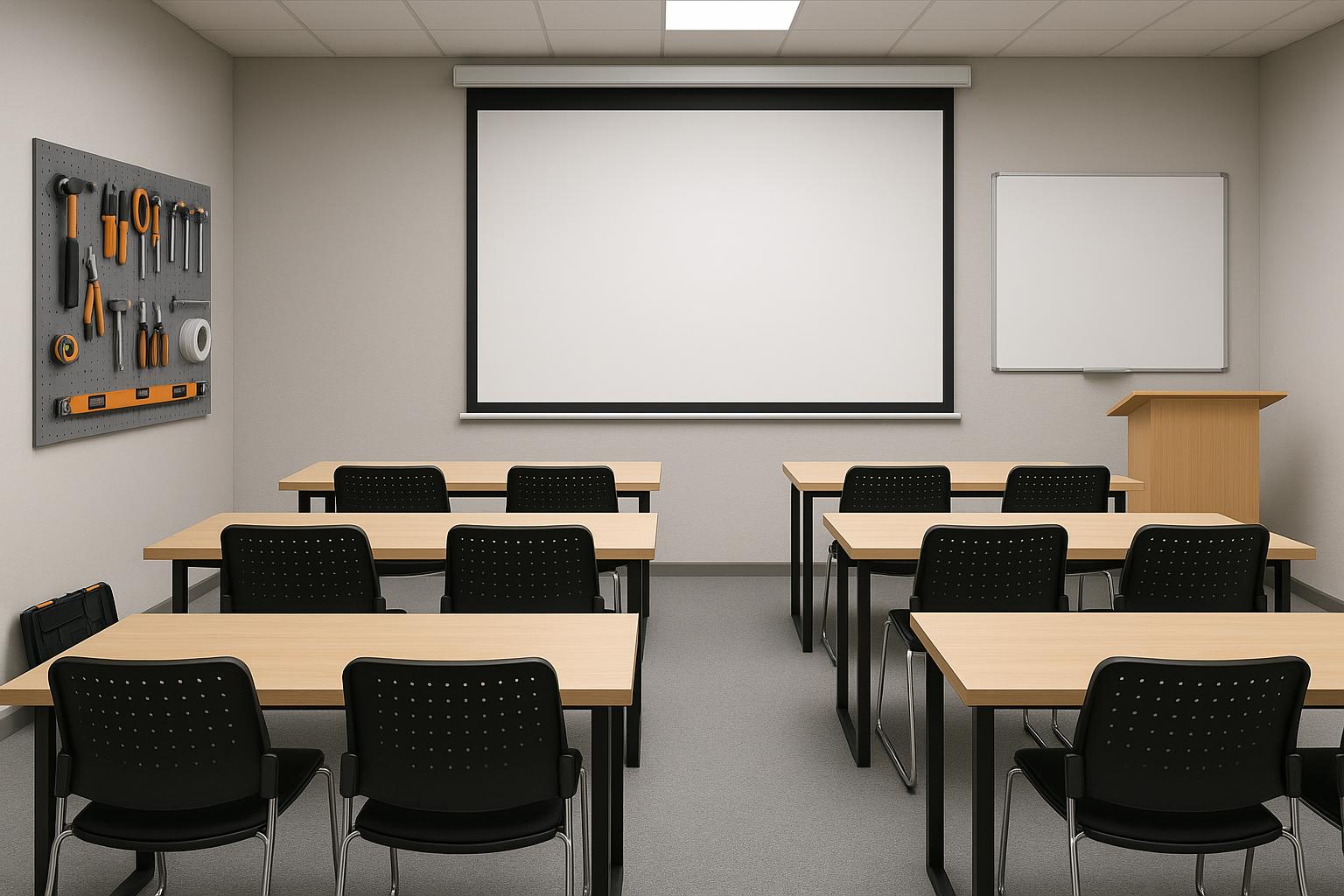 Modern office training room setup with presentation screen, desks, and ergonomic chairs