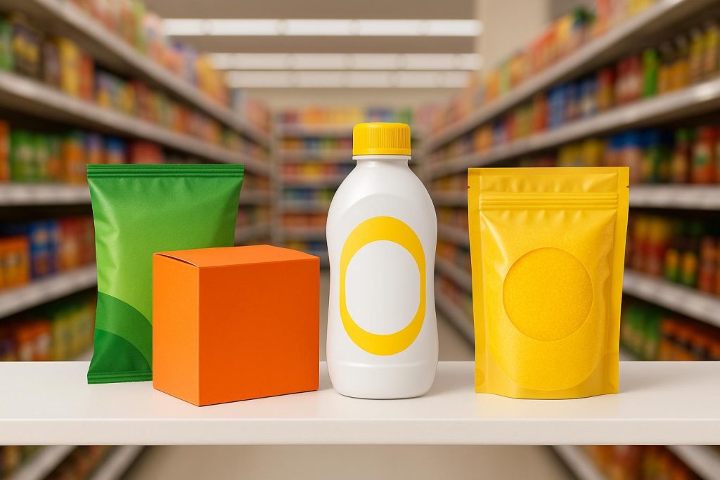Colorful product packaging with bold labels and creative designs displayed on a retail shelf