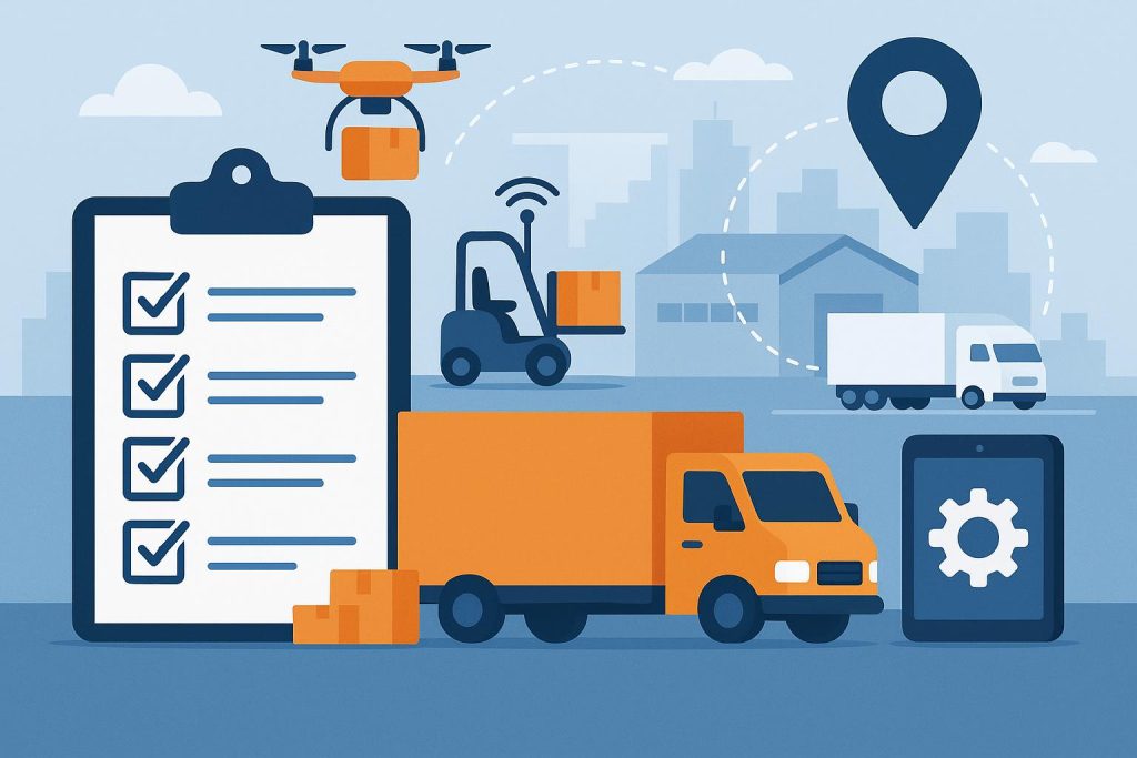 Modern trucks and cargo containers at a logistics hub illustrating automated transport operations