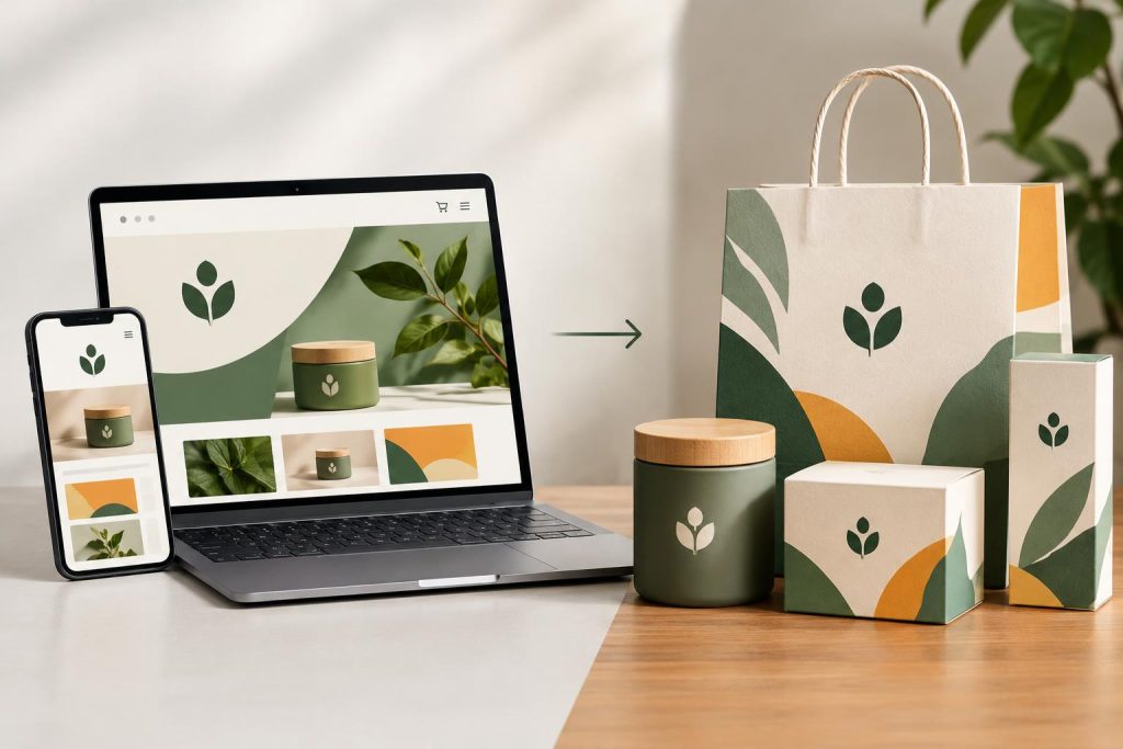 Modern packaging and digital interface showcasing cohesive visual brand identity elements