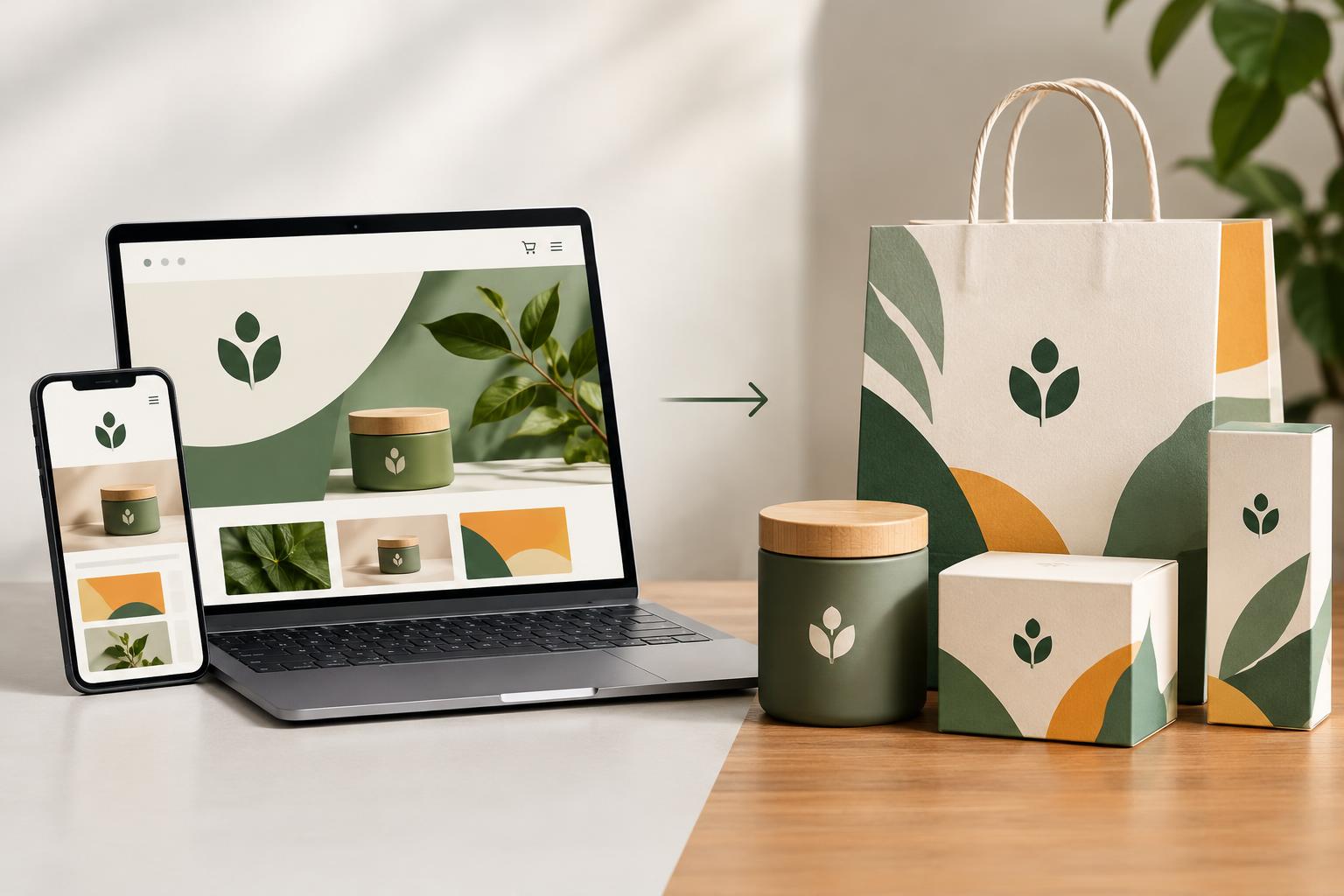 Modern packaging and digital interface showcasing cohesive visual brand identity elements