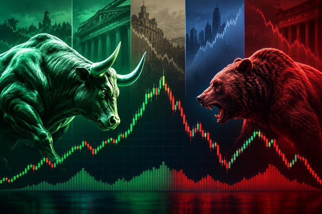 Stock market graph illustrating bull and bear market trends throughout US financial history