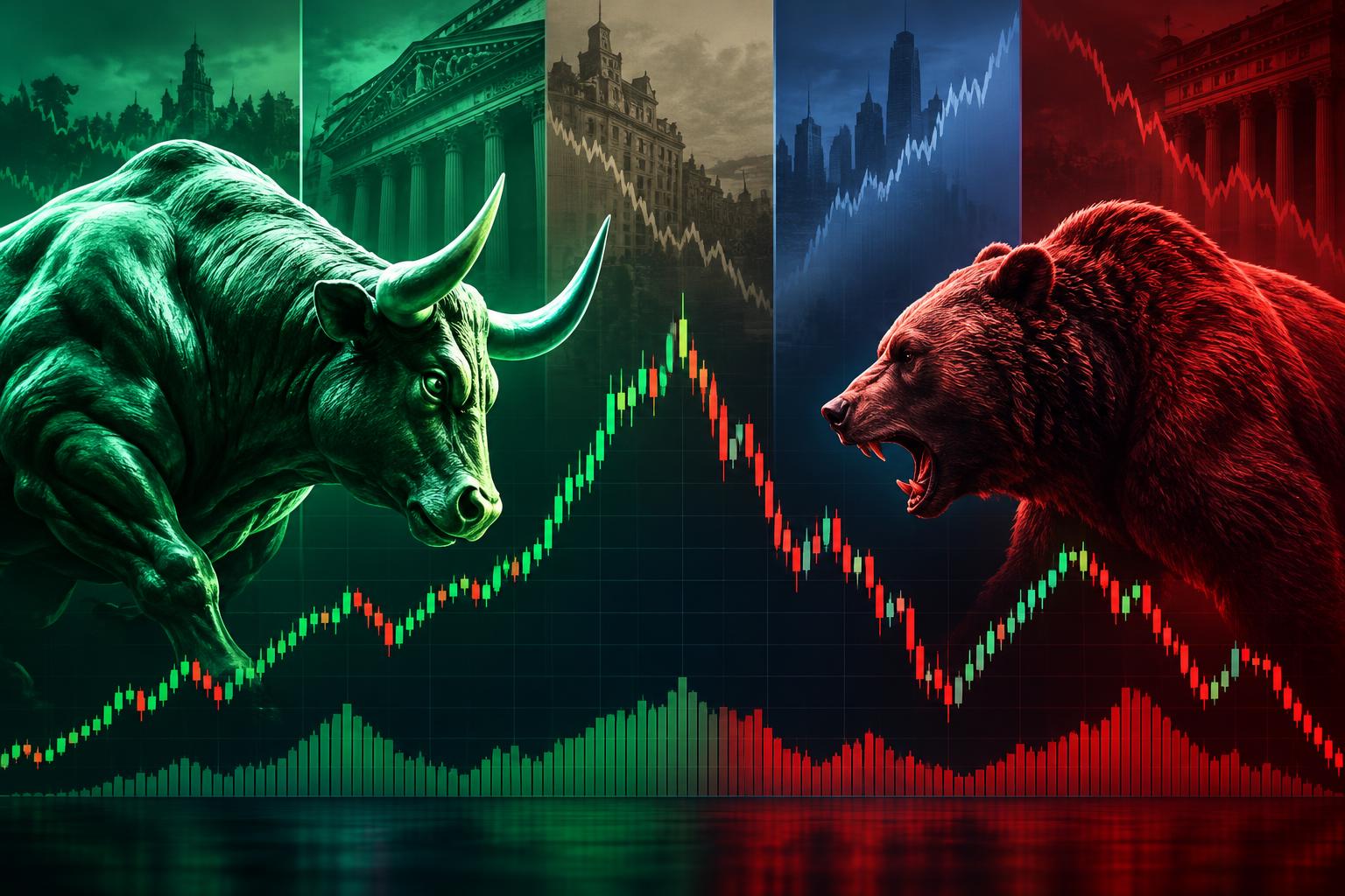 Stock market graph illustrating bull and bear market trends throughout US financial history